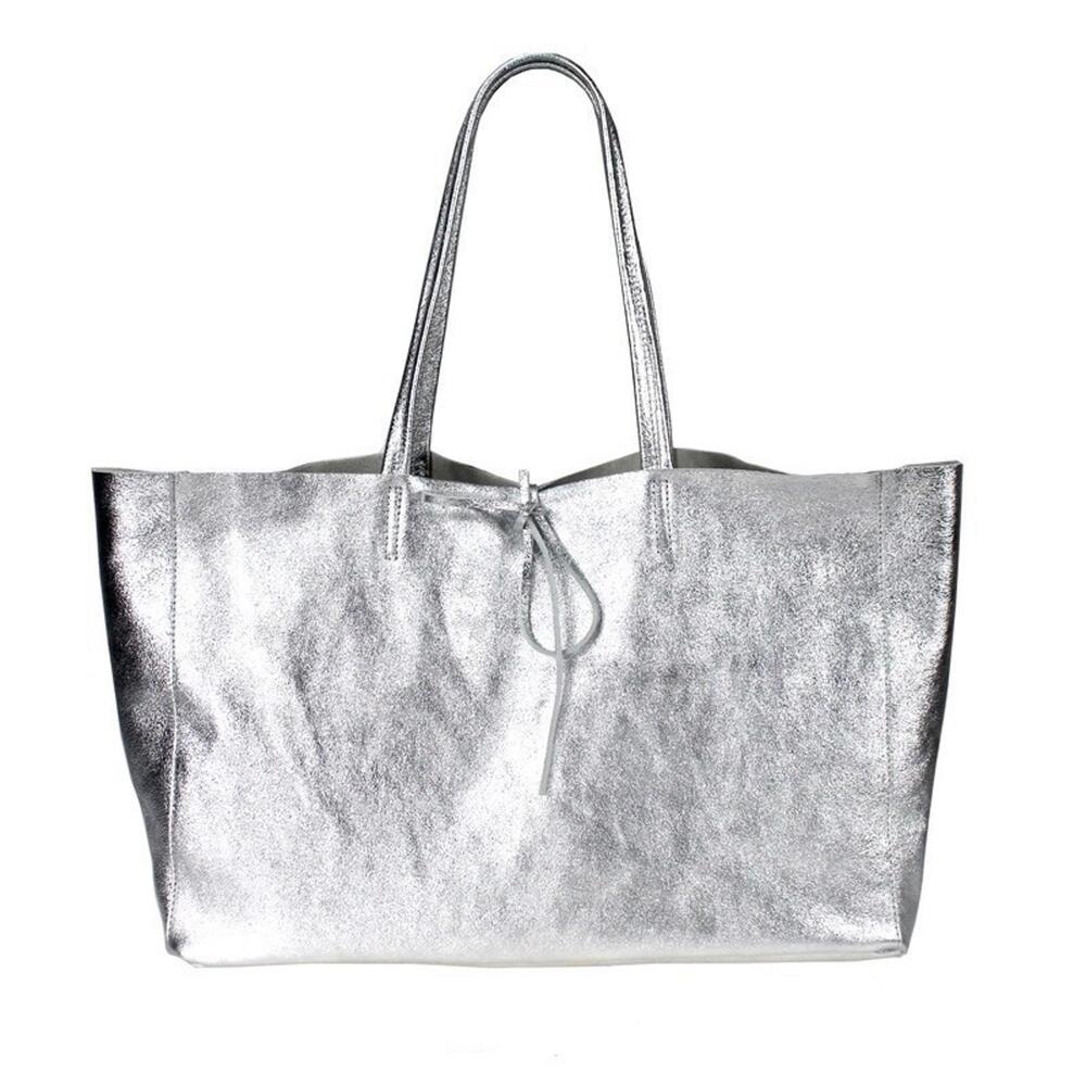 Silver Metallic Tie Top Horizontal Leather Tote 'Livia' Silver Soft Leather Bag